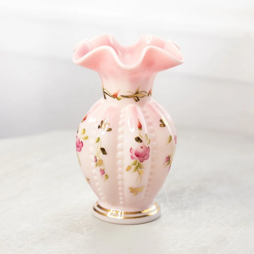 Vintage Fenton Rosalene Glass Vase with Hand Painted Details